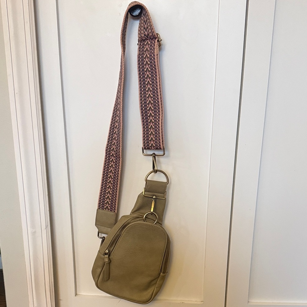 Anthropology Liberty Sling olive Crossbody Bag with Patterned Strap